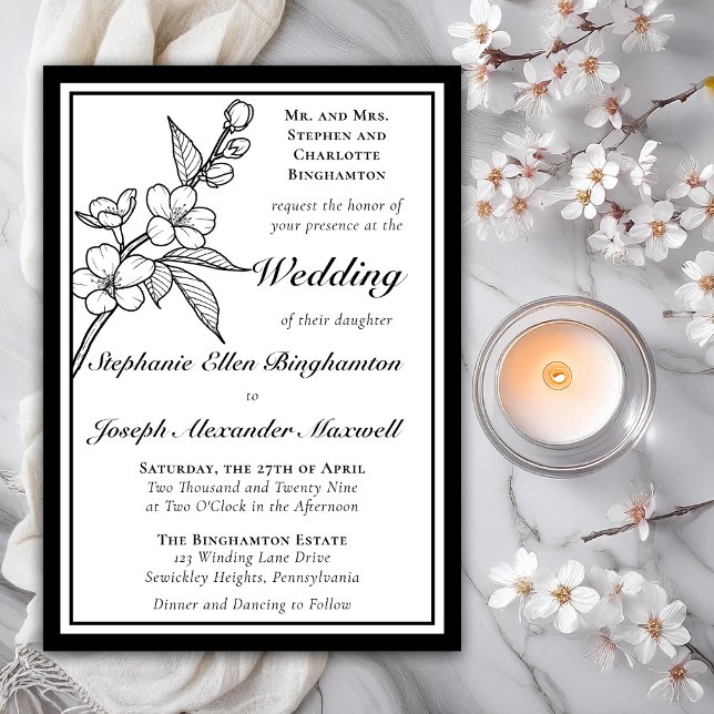 Elegant Spring Blossoms Black White Formal Wedding Einladung (Elegant Line Art Spring Blossoms Floral Formal Wedding Black | White Invitations = Print | DIgital)