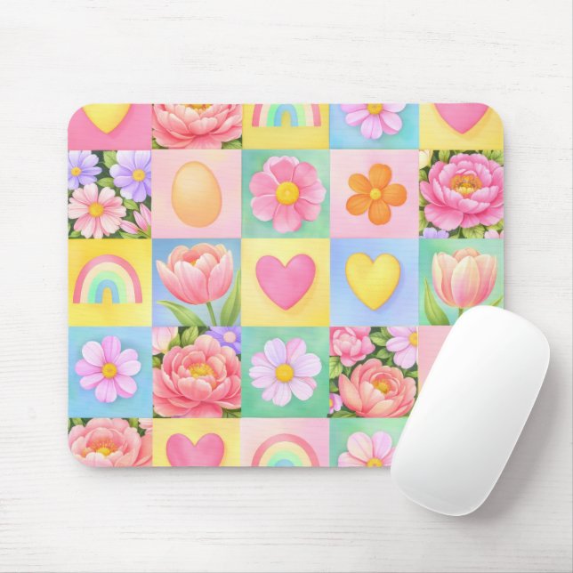 Elegant Spring Blossoms Heart Checkerboard Pattern Mousepad (Mit Mouse)