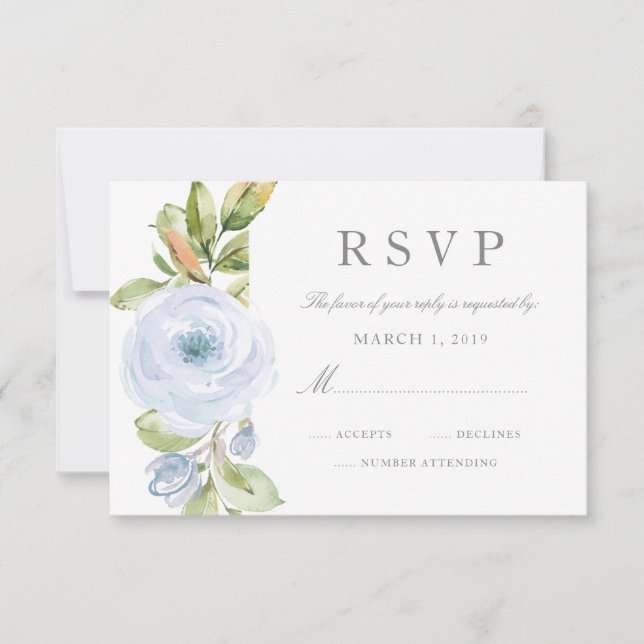 Elegant Spring Floral Dusty Blue Wedding RSVP (Vorderseite)
