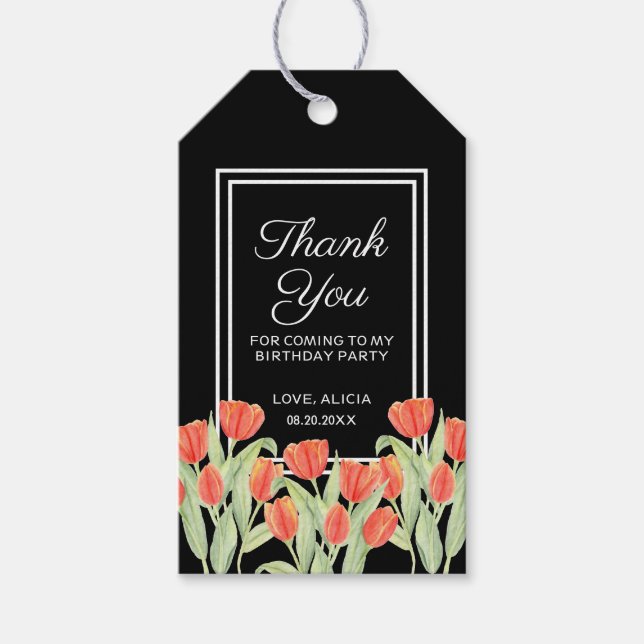 Elegant Spring Red Tulip Flora Black 45. Geschenkanhänger (Vorderseite)