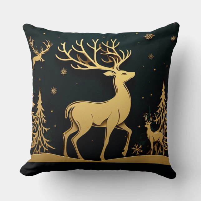 Elegant Stag – Golden Forest Silhouette Kissen (Vorderseite)