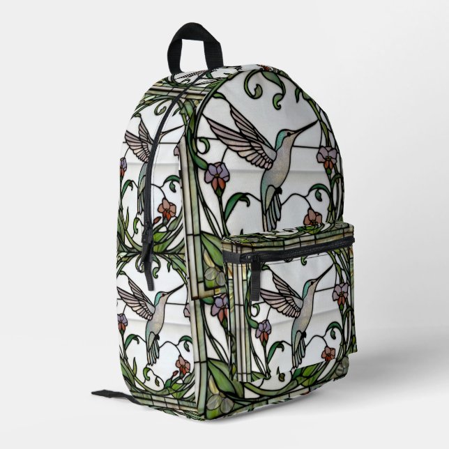 Elegant stain glass art nouveau hummingbird bedruckter rucksack (Rückseitige Ecke links)