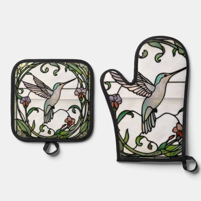 Elegant stain glass art nouveau hummingbird ofenhandschuh & Topflappen-Set (Vorderseite)