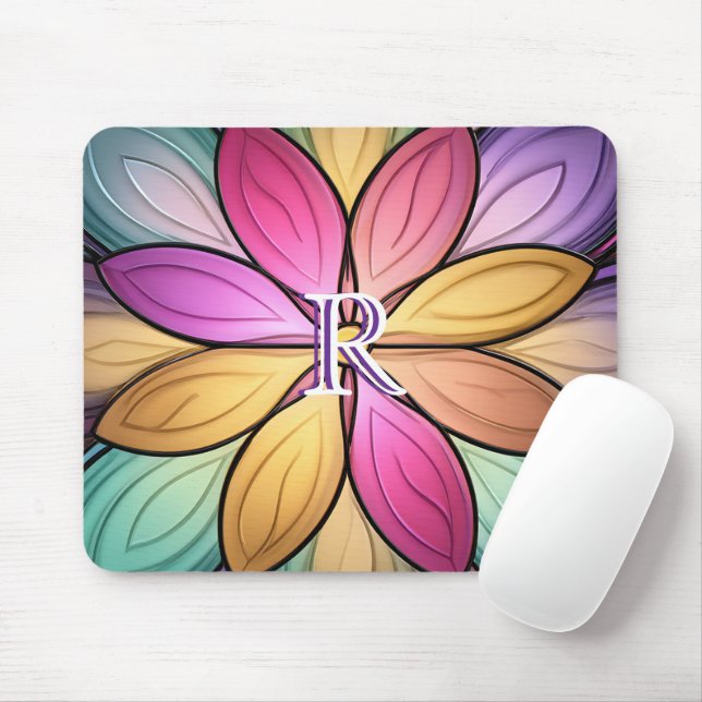 Elegant Stained‑Glass Floral Monogram Initial Mousepad (Mit Mouse)