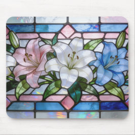 Elegant Stained Glass Lily Floral Design in Soft P Mousepad