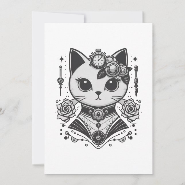 Elegant Steampunk Viktorianisch Cat Einladung (Vorderseite)