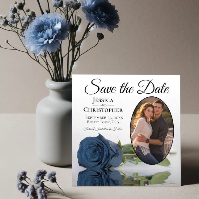 Elegant Steel Blue Rose Oval Foto White Wedding Save The Date (Von Creator hochgeladen)