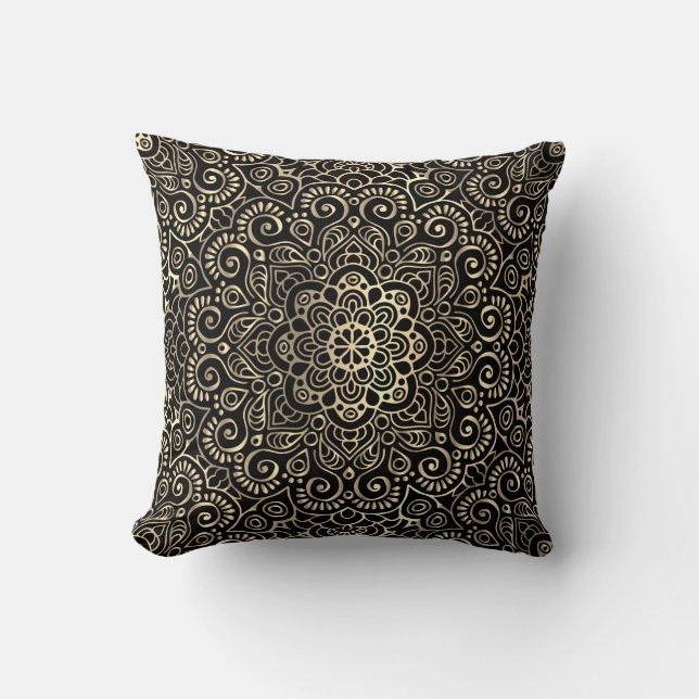 Elegant Stilvoll Black Gold Mandala Kissen (Vorderseite)