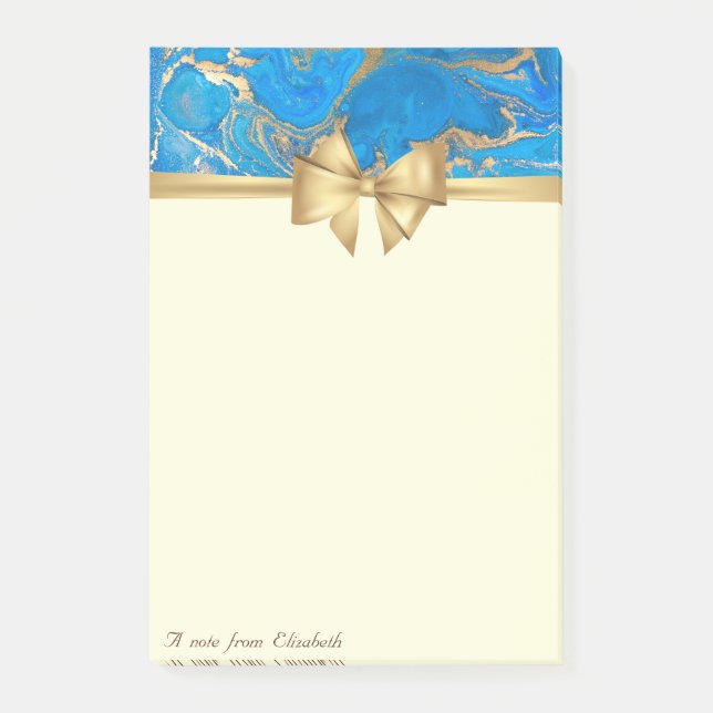 Elegant Stilvoll, Bow, Blue Gold Marmor Textur Post-it Klebezettel (Vorderseite)