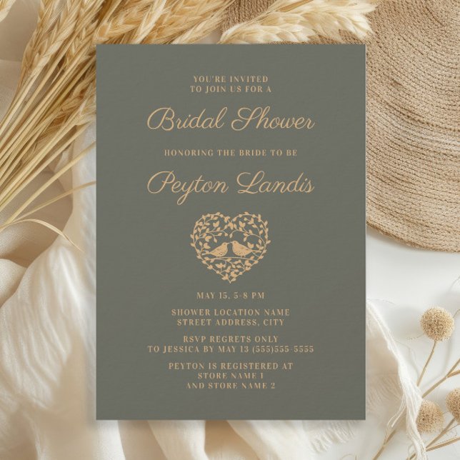 Elegant Stilvoll Rost Moss Grüner Herbst Bridal In Einladung (Elegant olive/sage green and terracotta gold Love Birds bridal shower invitation)
