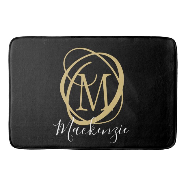 Elegant Stilvolle Monogram Script Name Black Gold Badematte (Vorderseite)