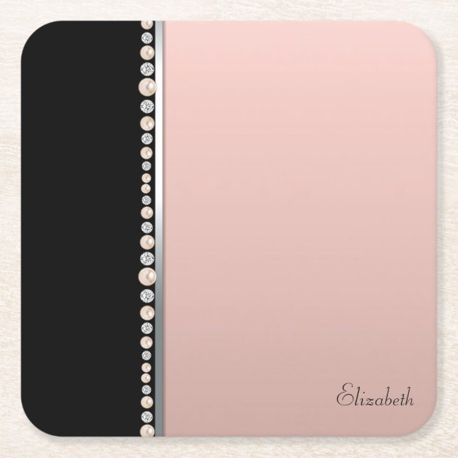 Elegant Stilvolle Perlen Schwarz Pink Rechteckiger Pappuntersetzer (Vorderseite)