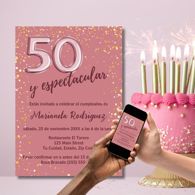 Elegant Stilvolle Rose Gold 50. Geburtstag Spanisc Einladung (Von Creator hochgeladen)