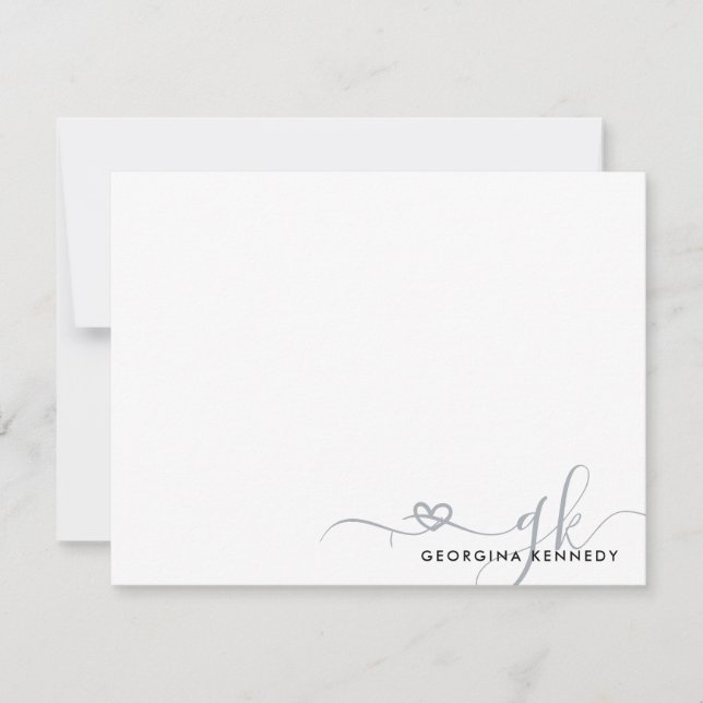 Elegant Stilvolles Heart Script 2 Monogram Initial Mitteilungskarte (Vorderseite)