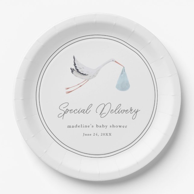 Elegant Stork Baby Shower Pappteller (Vorderseite)