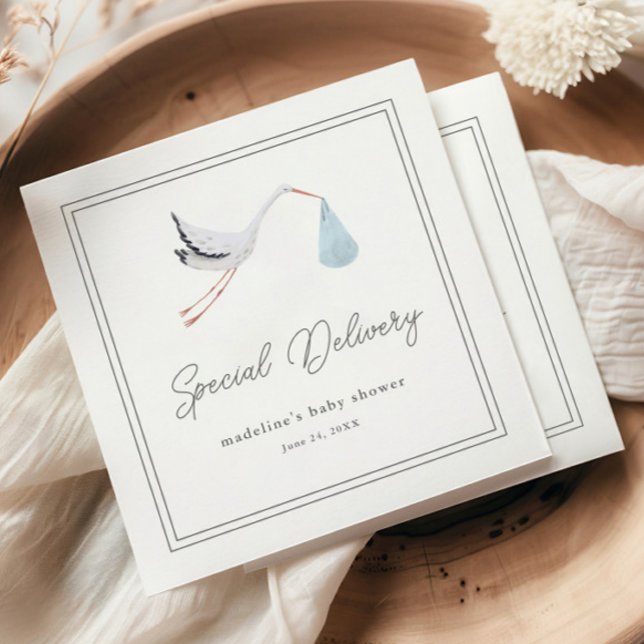 Elegant Stork Baby Shower Serviette (Elegant hand painted stork blue boys baby shower napkins.)