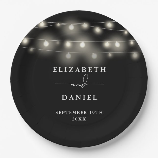 Elegant String Lights Black And White Wedding Pappteller (Vorderseite)