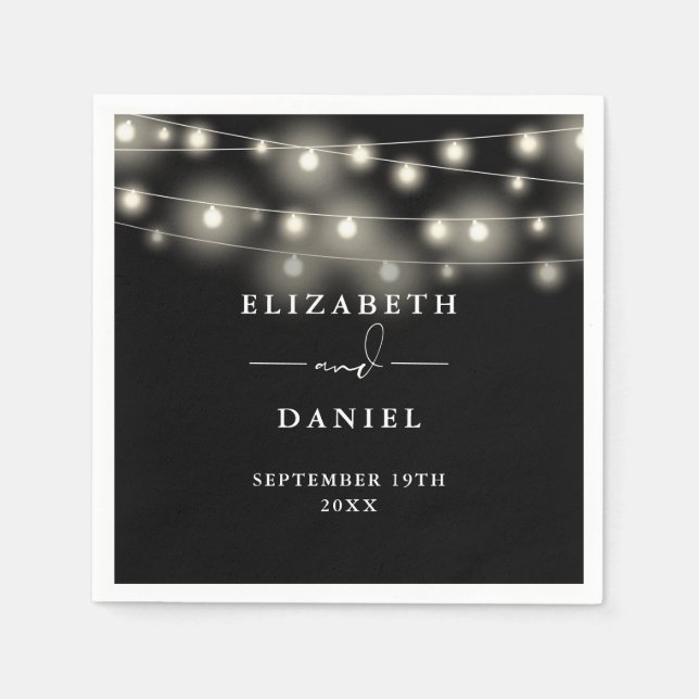 Elegant String Lights Black And White Wedding Serviette (Vorderseite)