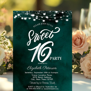 Elegant String Lights Confetti Green Sweet 16 Einladung