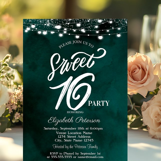 Elegant String Lights Confetti Green Sweet 16 Einladung (Von Creator hochgeladen)