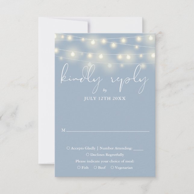 Elegant String Lights Dusty Blue Wedding RSVP Karte (Vorderseite)