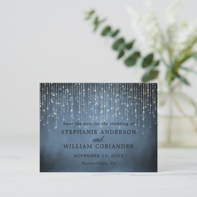 Elegant String Lights Navy Blue Save the Date STD Ankündigungspostkarte (Stehend Vorderseite)