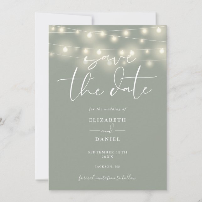Elegant String Lights Sage Green QR Code Wedding Save The Date (Vorderseite)