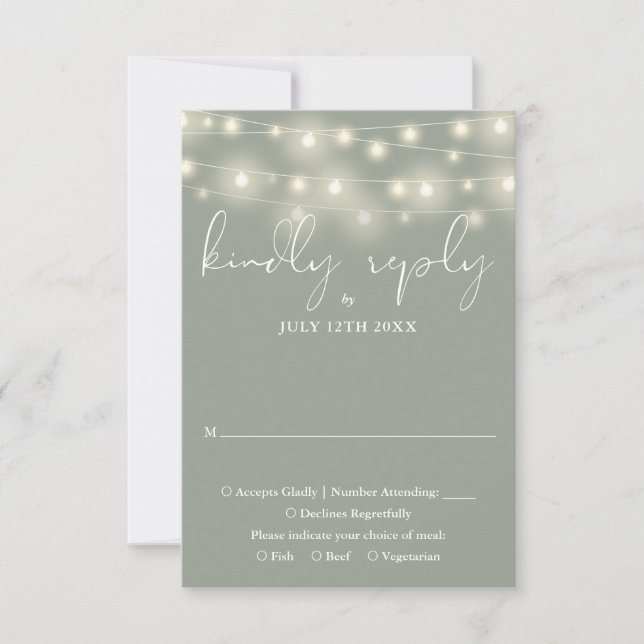Elegant String Lights Sage Green Wedding RSVP Karte (Vorderseite)