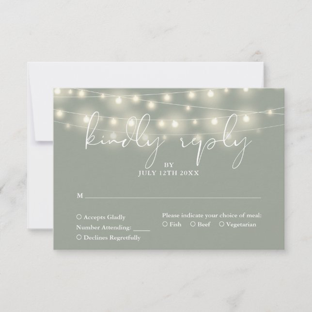 Elegant String Lights Sage Green Wedding RSVP Karte (Vorderseite)
