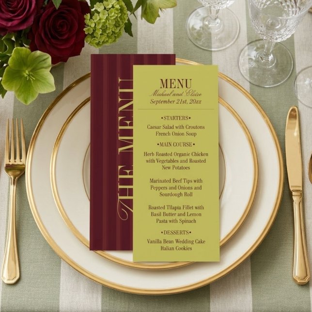 Elegant Stripe Chartreuse Burgundy Wedding Dinner Menükarte (Elegant Stripe Chartreuse Burgundy Wedding Dinner Menu)