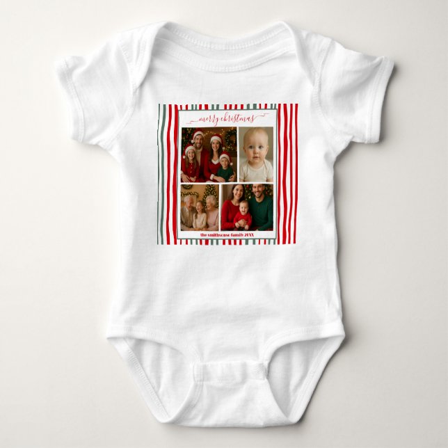 Elegant Stripe modern family Photo merry Christmas Baby Strampler (Vorderseite)