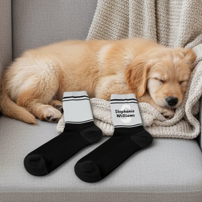 Elegant Striped Full Name and Monogram Crew Socks Socken (Black and gray crew socks with custom name and monogram.)