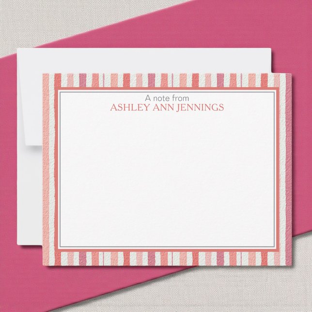 Elegant Striped Pink Personalized Stationery Mitteilungskarte (Elegant striped pink watercolor personalized notecard with custom name)