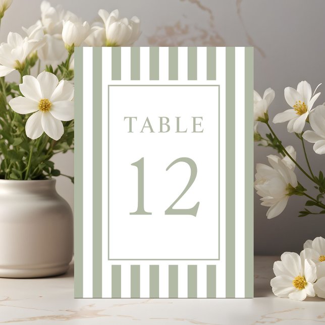  Elegant Striped Sage Green Wedding Tischnummer (Elegant Striped Sage Green Wedding Table Number)