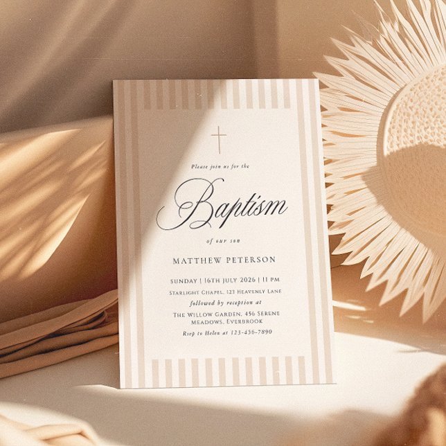 Elegant Stripes Beige Calligraphy Baptism Einladung (Von Creator hochgeladen)
