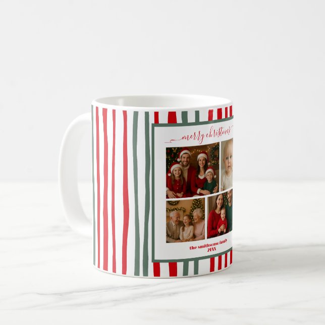 Elegant Stripes family Photo merry Christmas Kaffeetasse (Vorderseite Links)