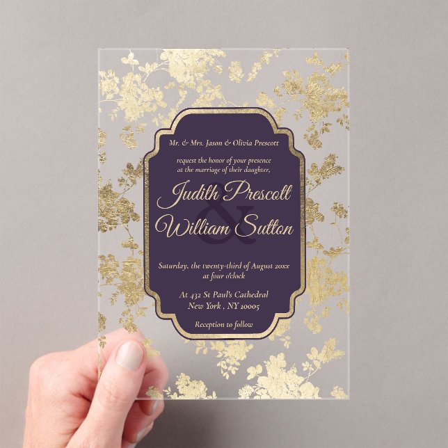 Elegant Style Tolopea Purple Gold Floral Wedding Acryleinladungen (Insitu (Handheld))