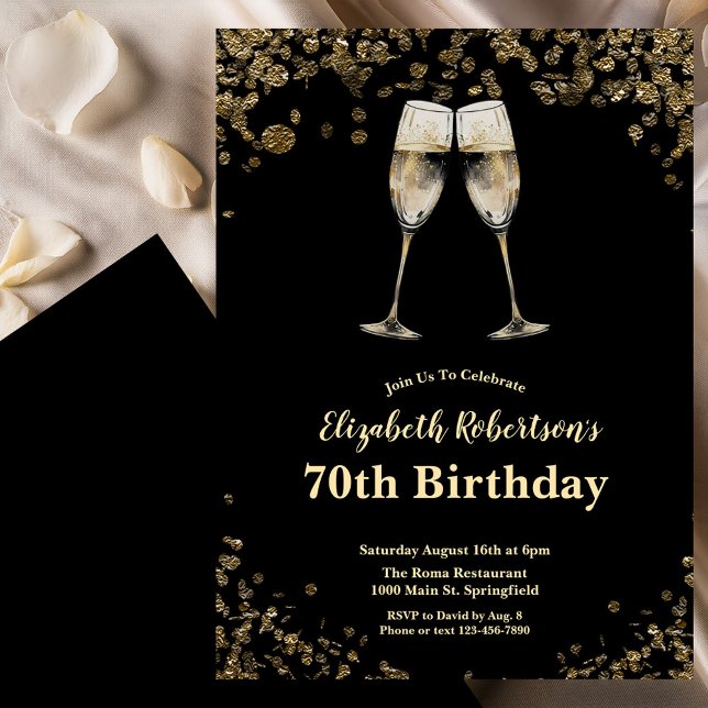 Elegant Stylish Black and Gold 70th Birthday  Einladung (Von Creator hochgeladen)