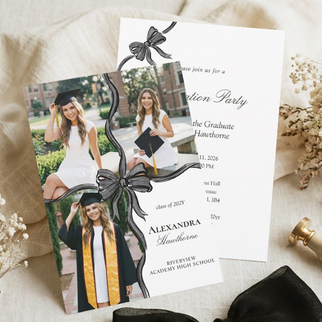 Elegant Stylish Black Bow Ribbon Photo Graduation Einladung (Elegant Stylish Black Bow Ribbon Photo Graduation Invitation)