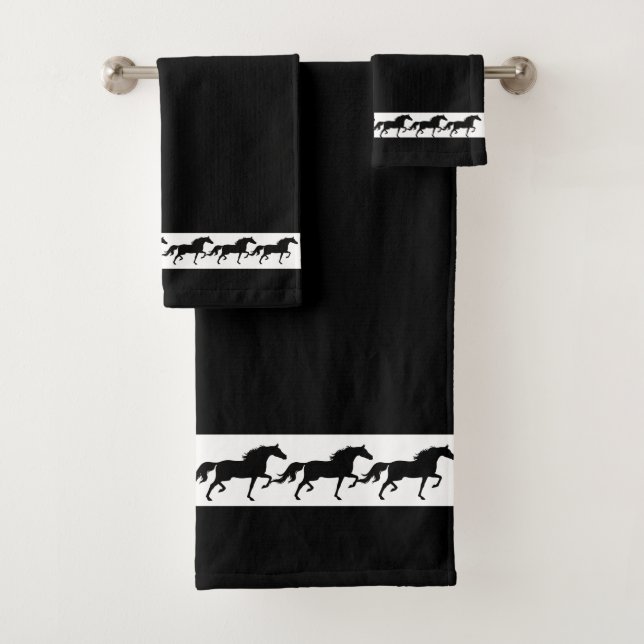 Elegant, Stylish Black Horses Silhouettes on Black Badhandtuch Set (Insitu)