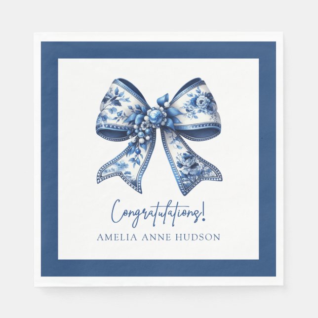 Elegant Stylish Blue Floral Bow Congratulations Serviette (Vorderseite)