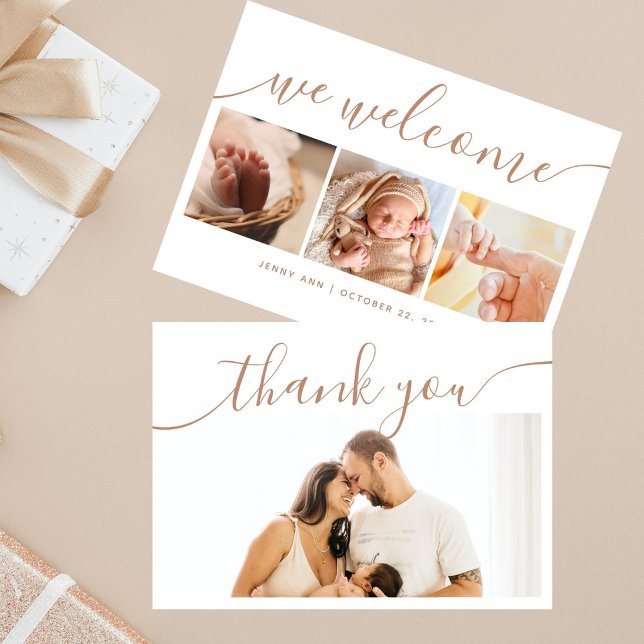 Elegant Stylish Calligraphy 4 Photo Baby Shower Dankeskarte (Von Creator hochgeladen)