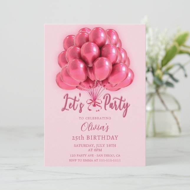Elegant Stylish Pink Balloons Birthday Einladung (Stehend Vorderseite)