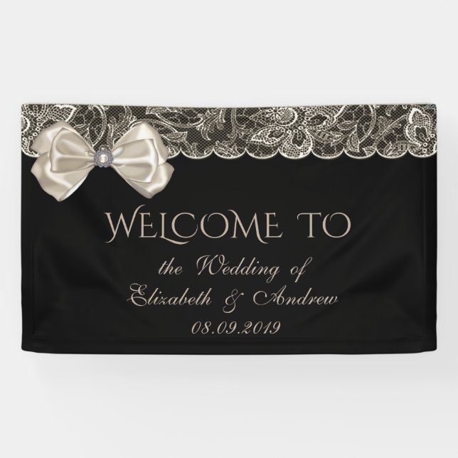 Elegant, stylish, Spitze, Bow, Black Wedding Banne Banner (Horizontal)