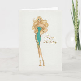 Elegant Stylish Woman in Teal Dress Birthday Karte