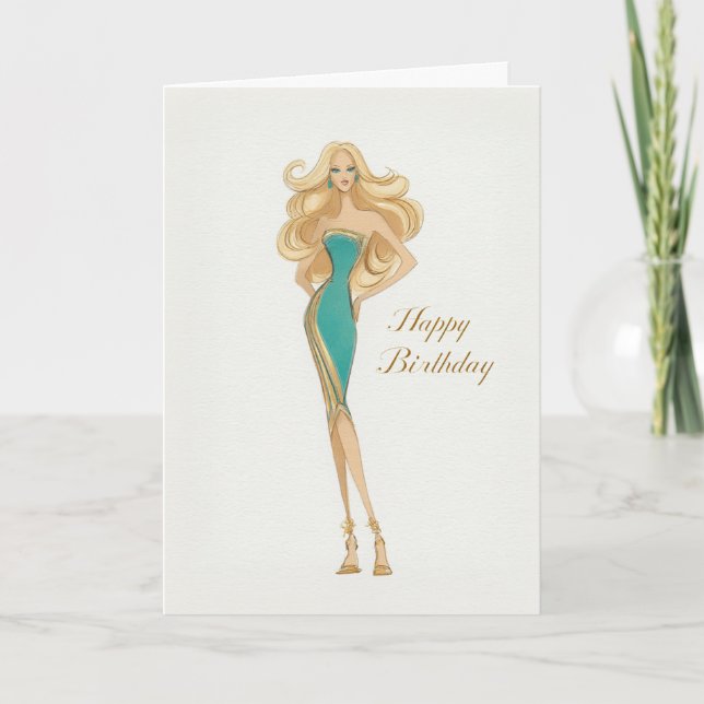 Elegant Stylish Woman in Teal Dress Birthday Karte (Vorderseite)
