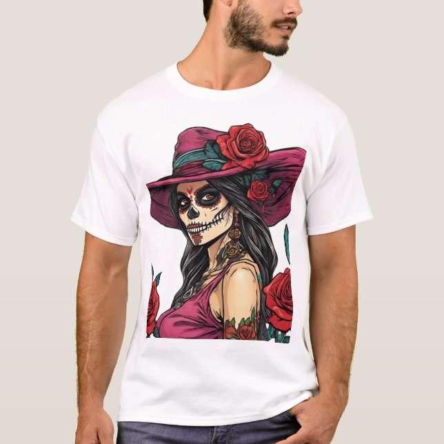 Elegant Sugar Skull Woman - Día de los Muertos T-Shirt (Vorderseite)