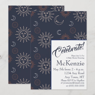 Elegant Sun and Moon on Blue Celestial Baby Shower Einladung