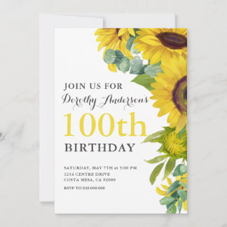 Elegant Sunflower 100. BIrthday Party Einladung