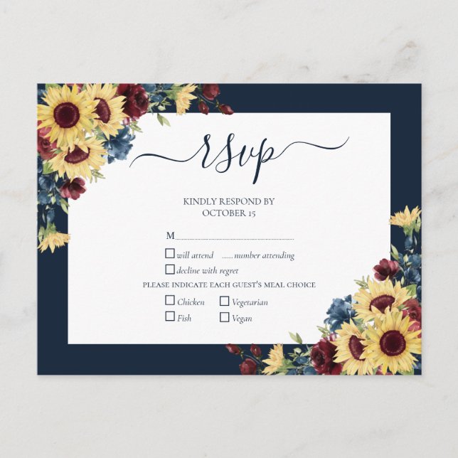 Elegant Sunflower Burgundy Navy Blue Wedding RSVP Einladungspostkarte (Vorderseite)